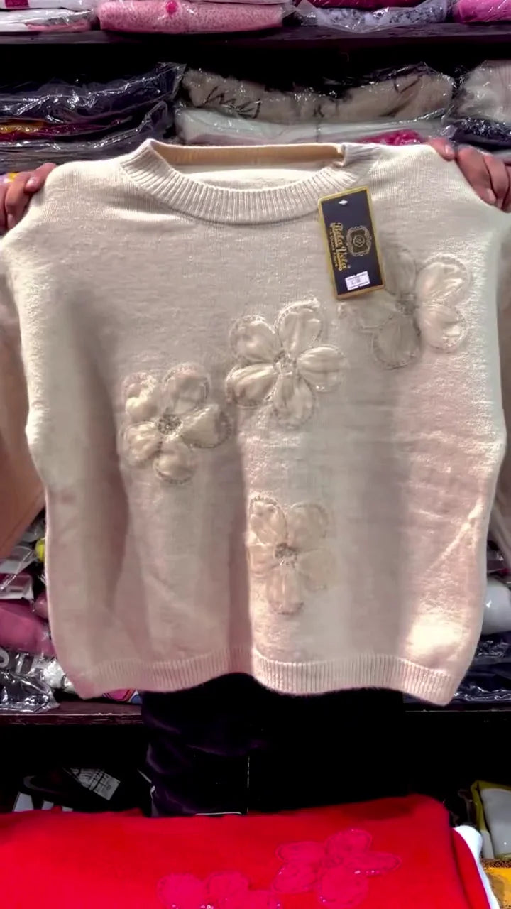 Women's Knitted Pullover Sweater with Sheer 3D Flower Appliqués and Sequin Detailing: Luxurious Pink and Cream Warm Winter Tops