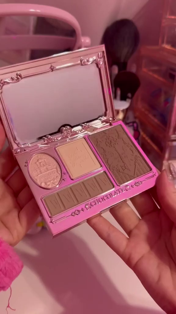 Fairytale Chocolate-Inspired Makeup Collection – Princess-Themed Eyeshadow Palette, Embossed Bronzer, and Luxe Contour Kit in Vintage Pink Packaging