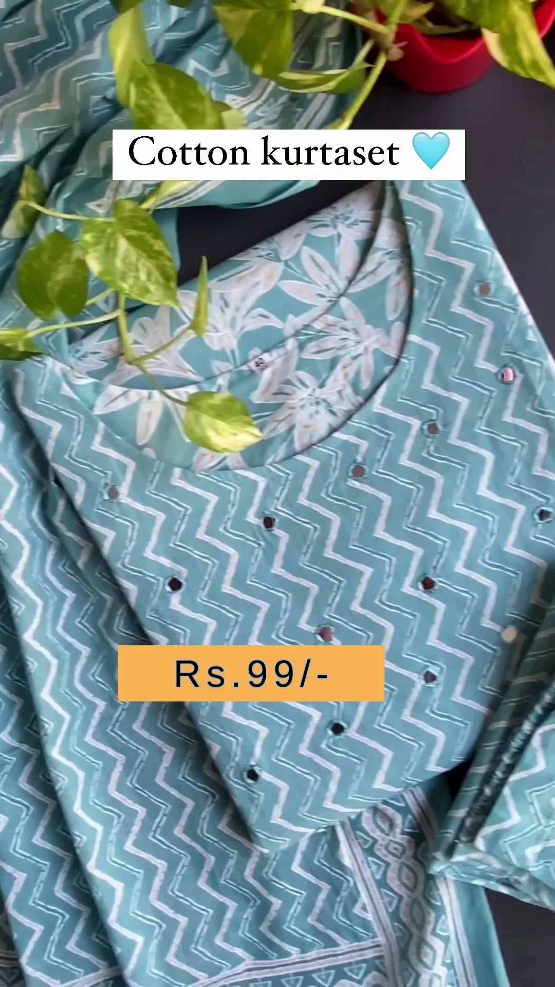 Chic Aqua Cotton Kurta Set featuring White Chevron Print and Subtle Mirror Work Detailing