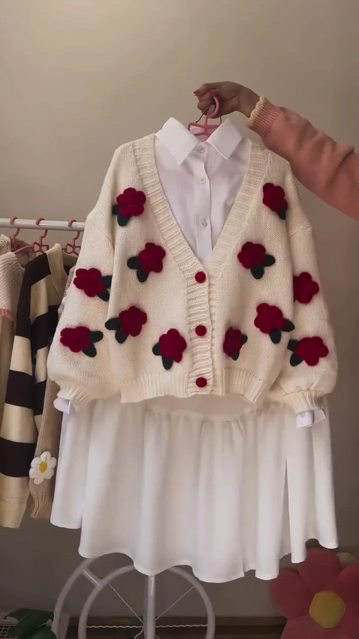 Charming Vintage Style Knitted Cardigan Sweater with 3D Flower Appliqués: Cozy White V-Neck Button-Up Outerwear Featuring Red and Pink Floral Designs