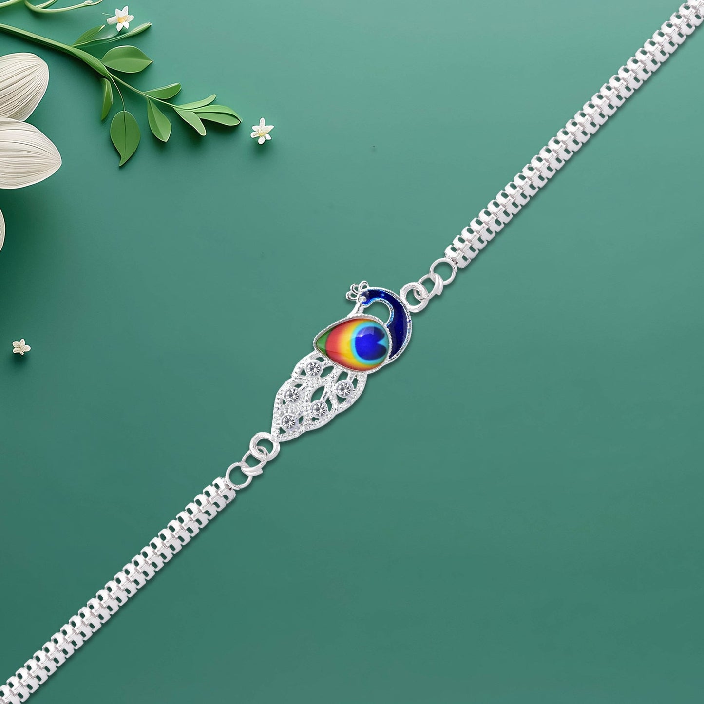 Elegant Silver Peacock Rakhi with Tricolor Enamel – Designer Rakhi for Brother