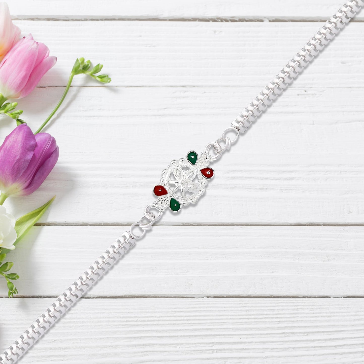 Delicate Metal Chain Rakhi with Enamel Floral Center