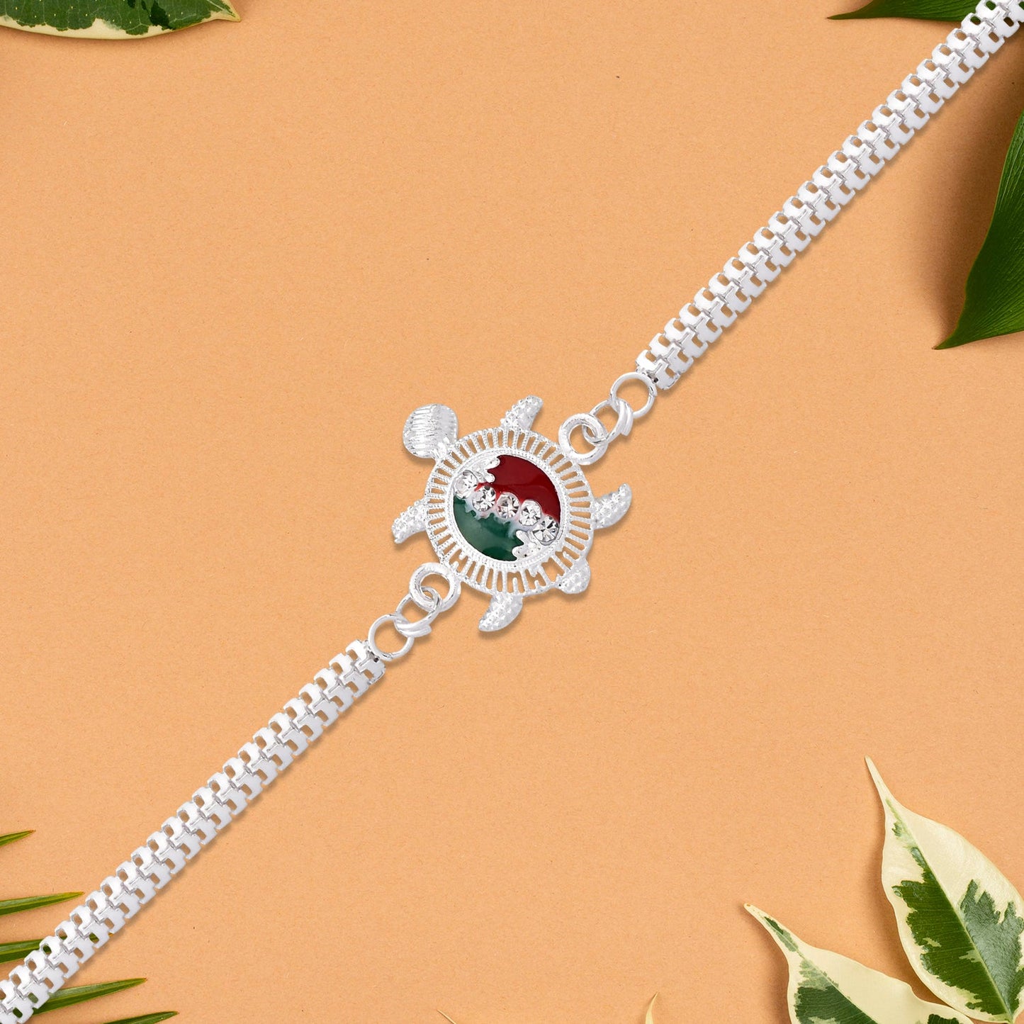 Turtle Motif Rakhi with Red-Green Enamel and Silver Metal Chain
