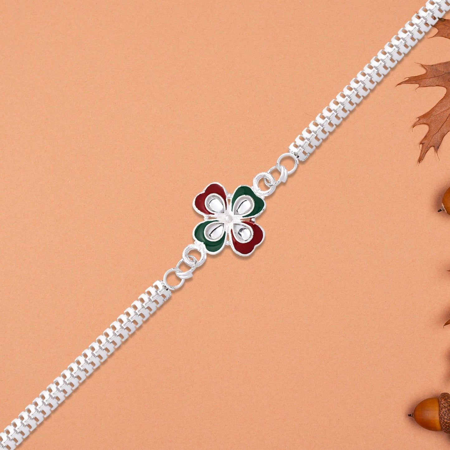 Elegant Floral Rakhi with Tricolor Enamel and Silver-Tone Metal Chain