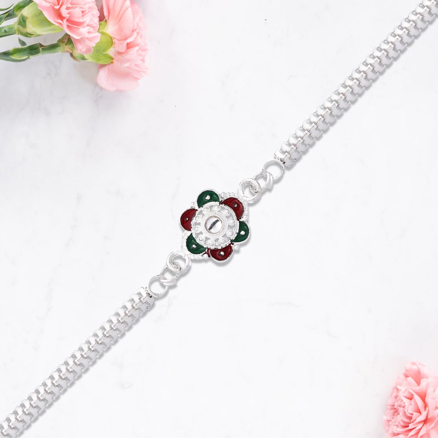 Designer Flower Rakhi with Mirror Stone Center and Dual-Link Metal Chain