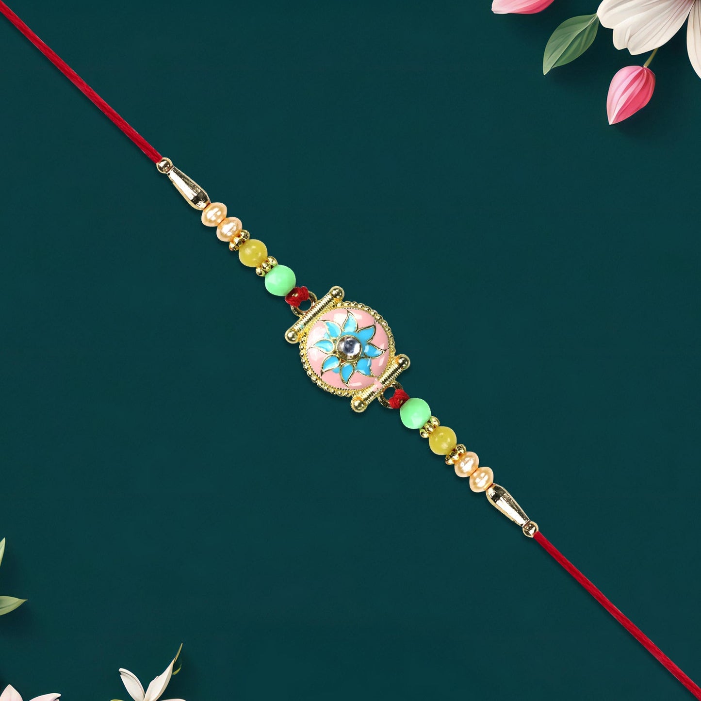 Designer Rakhi with Blue-Pink Flower and Decorative Beads