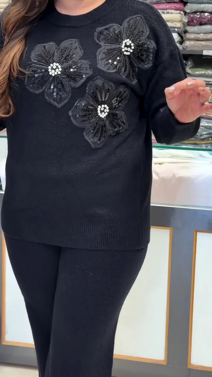 Longline Winter Co-ord Sets for Women: Two-Piece Knitted Tunic Sweater and Trouser Combo with Glittering 3D Floral Appliqués in Rich Brown and Maroon