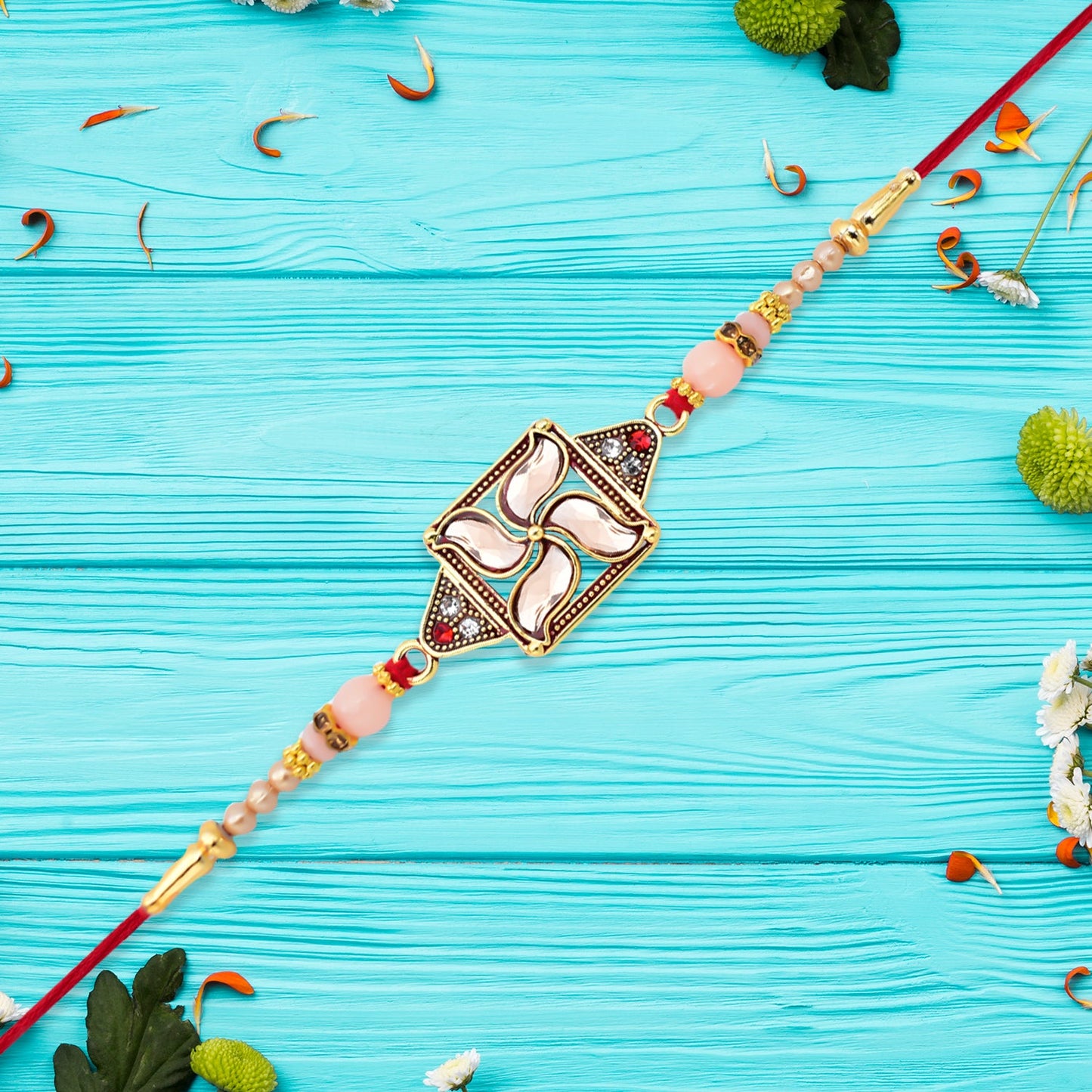 Designer Rakhi with Swastik-Inspired Kundan Dial and Decorative Beads