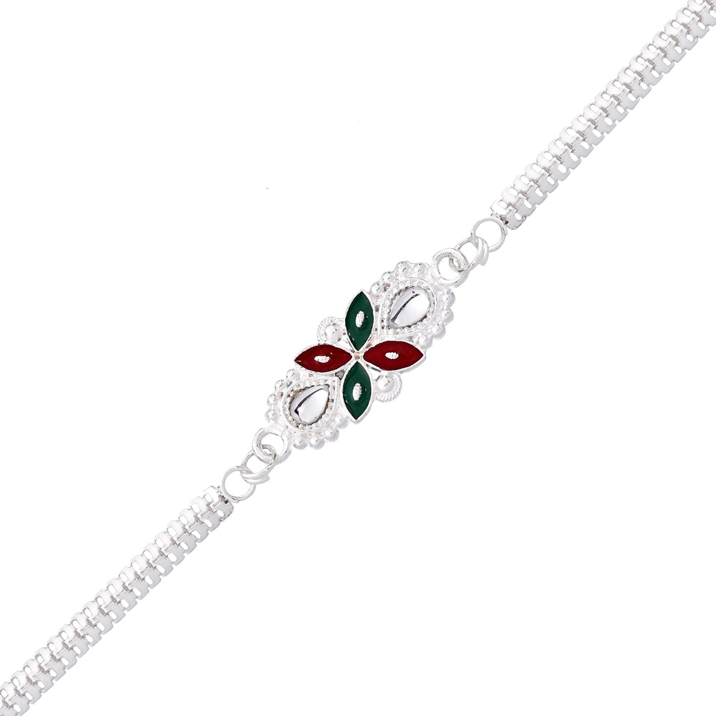 Elegant Floral Rakhi with Red-Green Enamel Work and Metal Chain