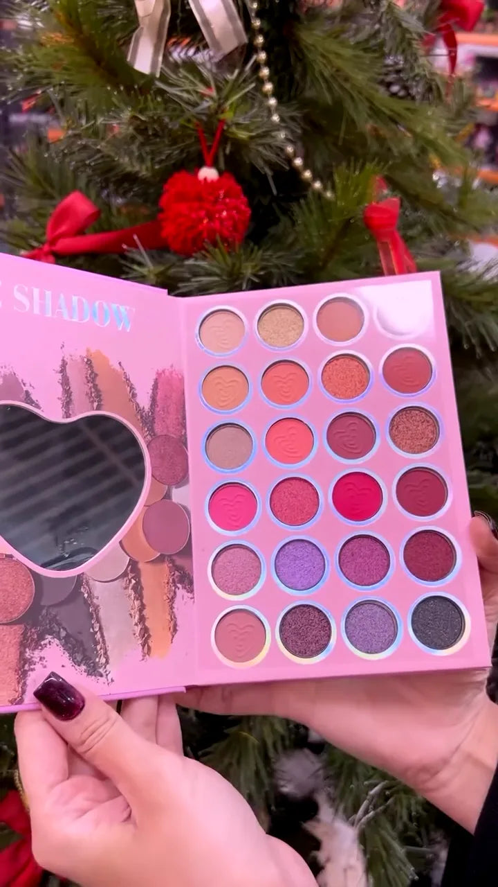 Romantic Pop-Color 24-Pan Eyeshadow Palette with Heart Mirror: Highly Pigmented Mattes and Dynamic Shimmers in Fuchsia, Berry, and Sunset Neutral Tones