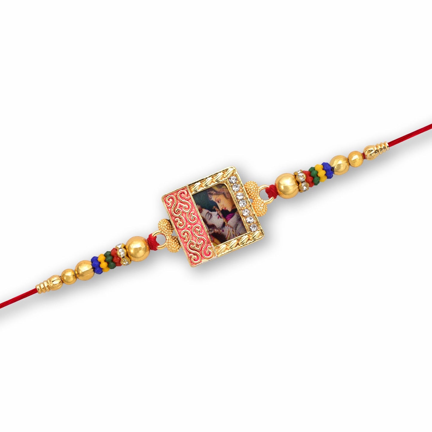 Radha Krishna Rakhi with Ornate Frame & Colorful Beads
