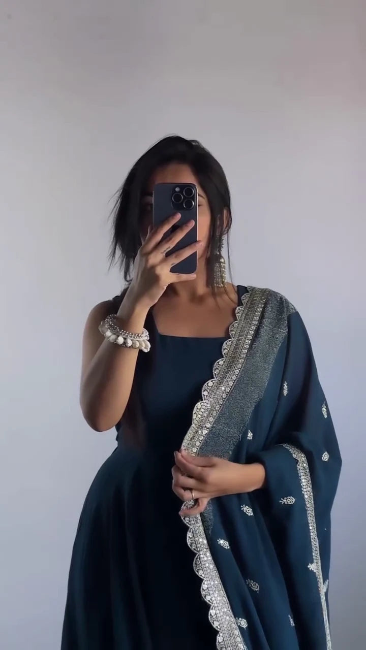 Dark Teal Blue Anarkali Gown with Heavy Flared Design and Embroidered Dupatta Featuring Golden Zari Border, Festive Ethnic Party Wear Indian Traditional Long Dress for Women
