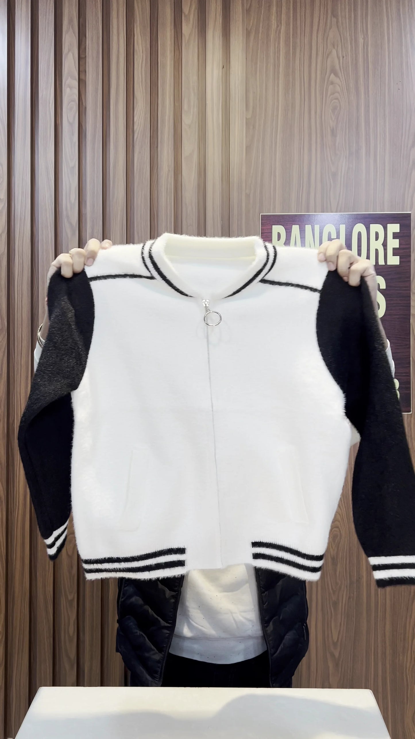 Faux Fur/Fluffy Knit Varsity Bomber Jacket Featuring Contrast Sleeves and Striped Ribbed Trim, Complete with a Zip Front and Front Pockets, Available in Pink/White and White/Black Color