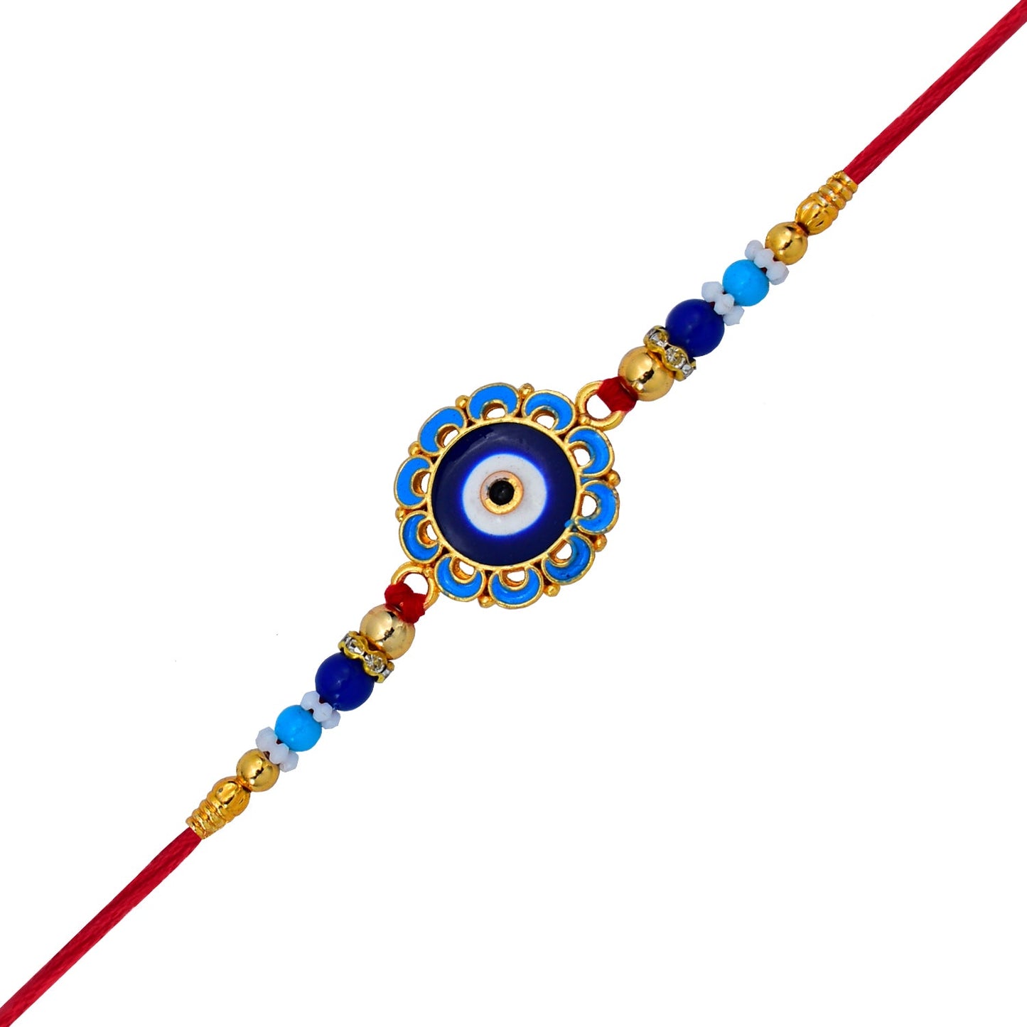 Evil Eye Rakhi with Blue Beads and Golden Accents – Protective Nazar Design