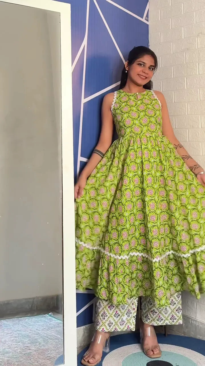 Ikat Print Cotton Kurta Set with Side Tie-Up Detail and Matching Palazzo Pants for Women