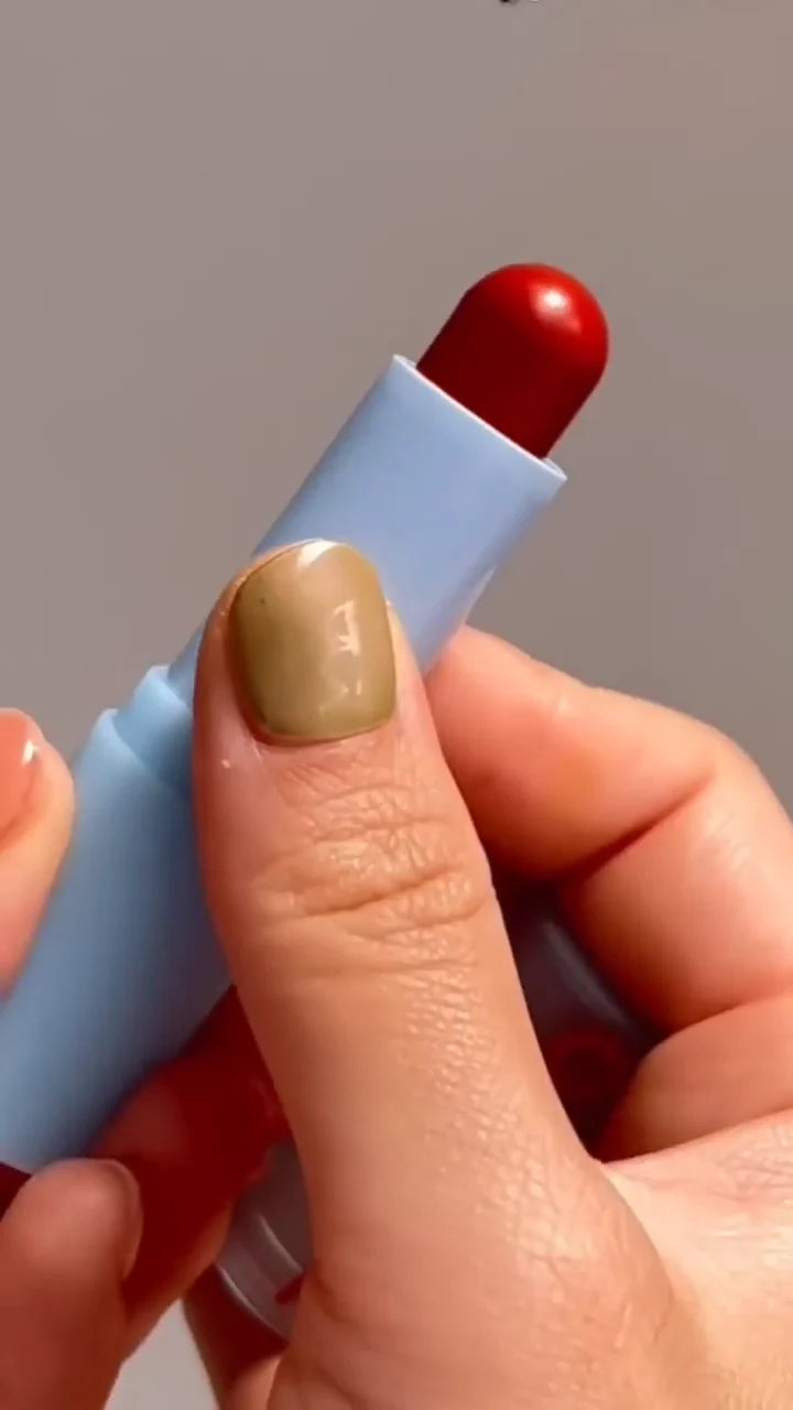 Blue Tube Lip Balm or Lipstick: Hydrating Formula in a Unique Matte Pastel Blue Case with Playful Red Lettering