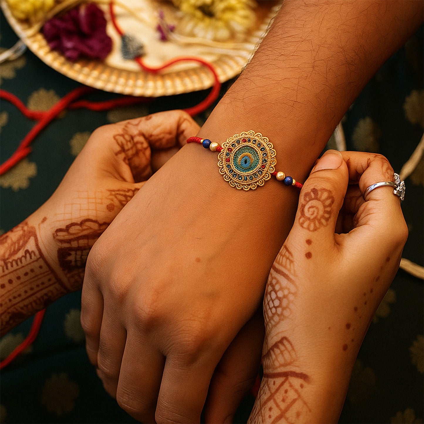 Traditional Flower Design Golden Rakhi