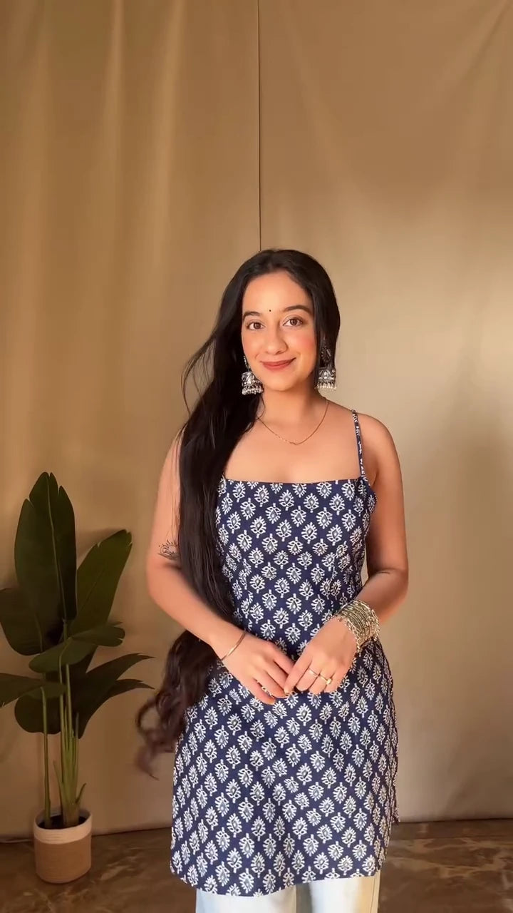 Cotton Block Print Sleeveless Strap Tops for Women in White and Blue Ethnic Patterns – Casual Summer Wear Kurti Tops with Adjustable Fit, Perfect for Jeans, Palazzo or Fusion Styling