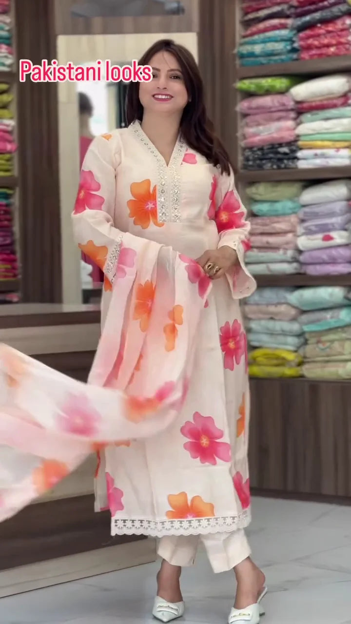 Elegant Cream Floral Organza Salwar Suit Set with Large Hibiscus Prints, Intricate Lace Borders, and Matching Printed Dupatta