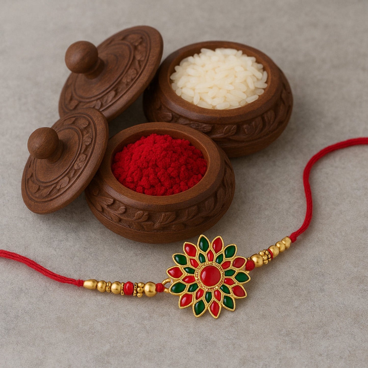 Red and Green Colored Stone flower design Rakhi