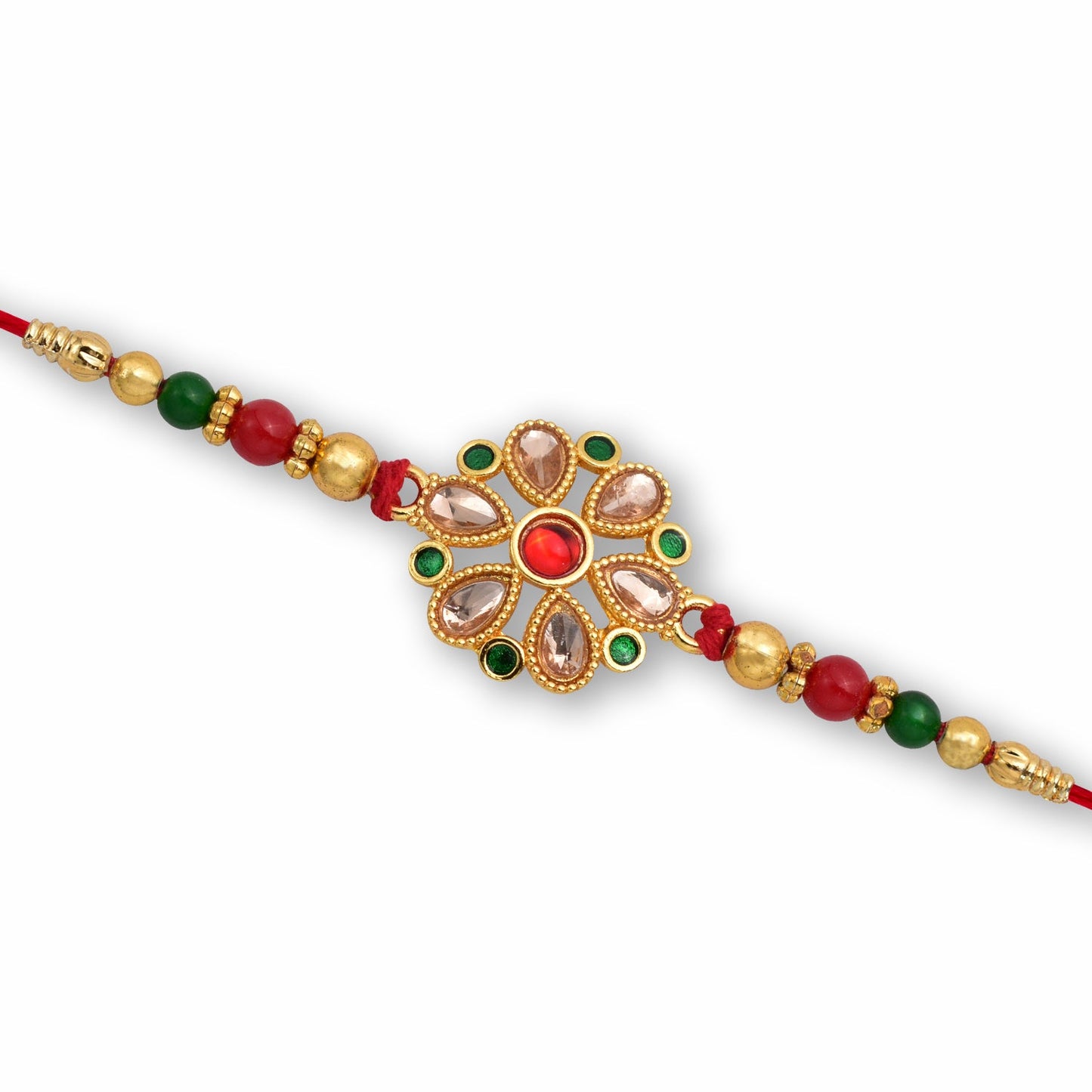 Floral Kundan Rakhi with Red-Green Beads and Golden Finish