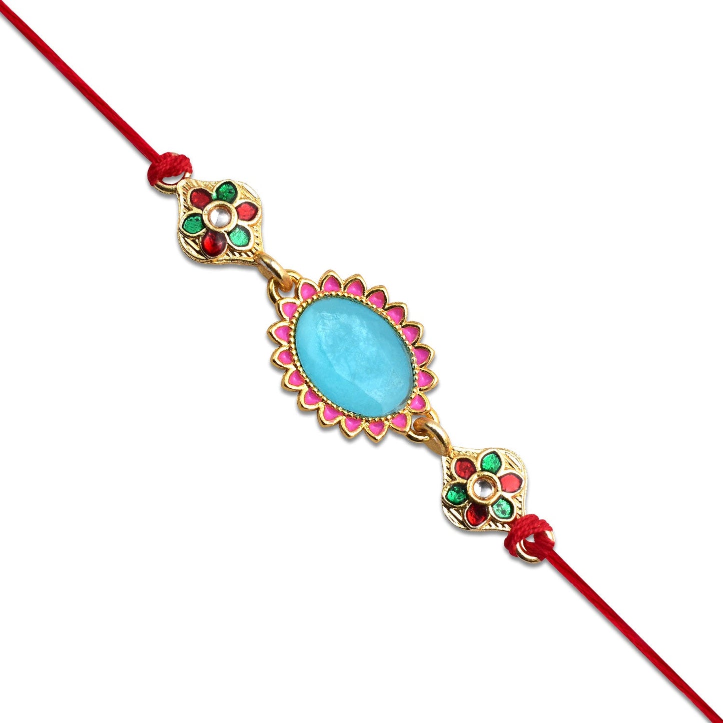 Blue Stone Rakhi with Floral Meenakari Accents