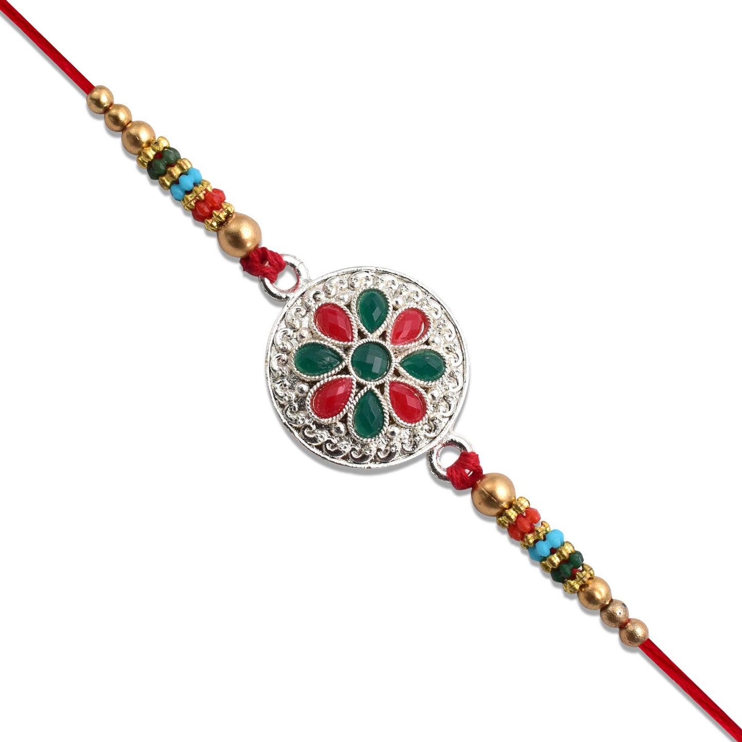 Silver Plated Floral Rakhi with Red & Green Stones