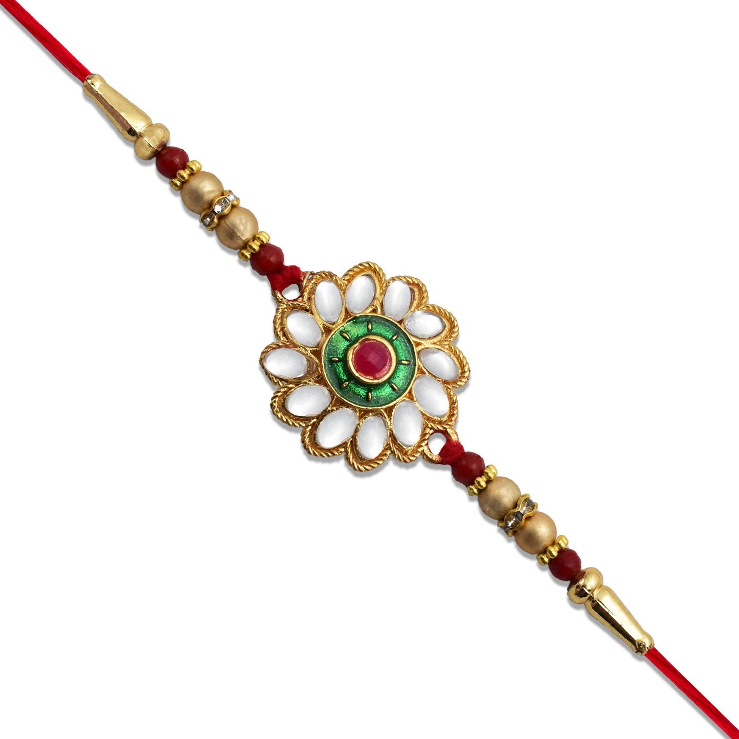 Kundan Floral Rakhi with Green & Red Centerpiece