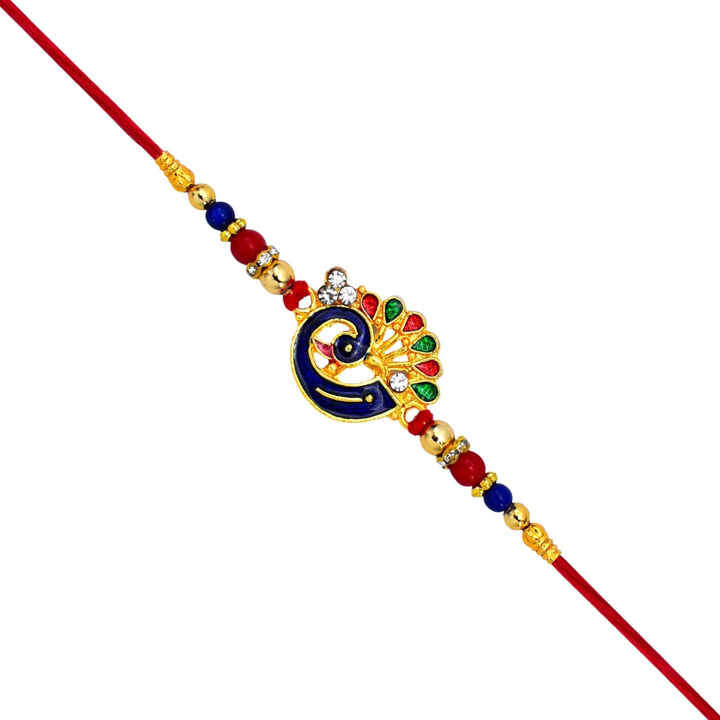 Peacock-Themed Designer Rakhi with Colorful Beads – Blue, Red & Gold Finish