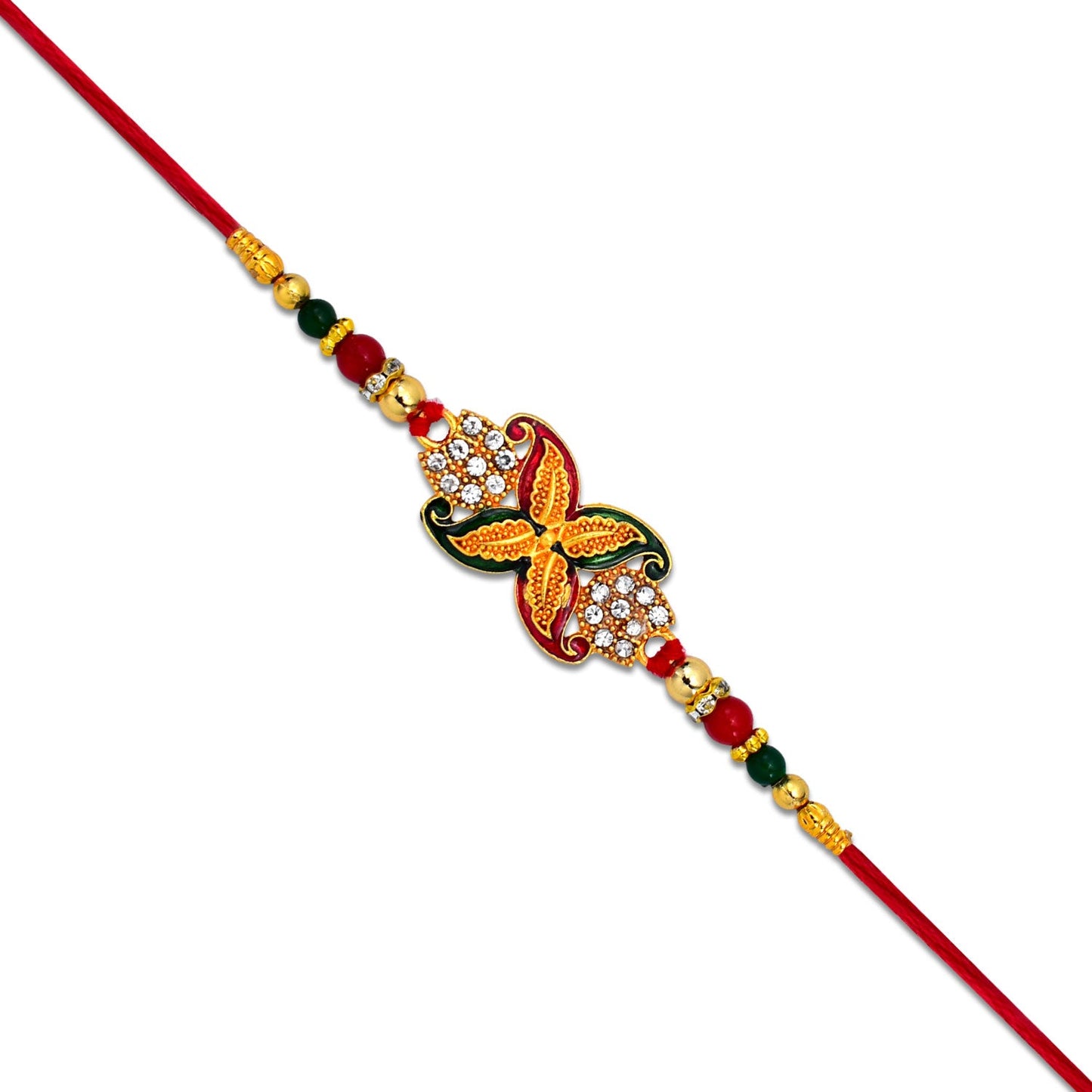 Elegant Red-Green Bead Rakhi with Intricate Golden Flower Motif