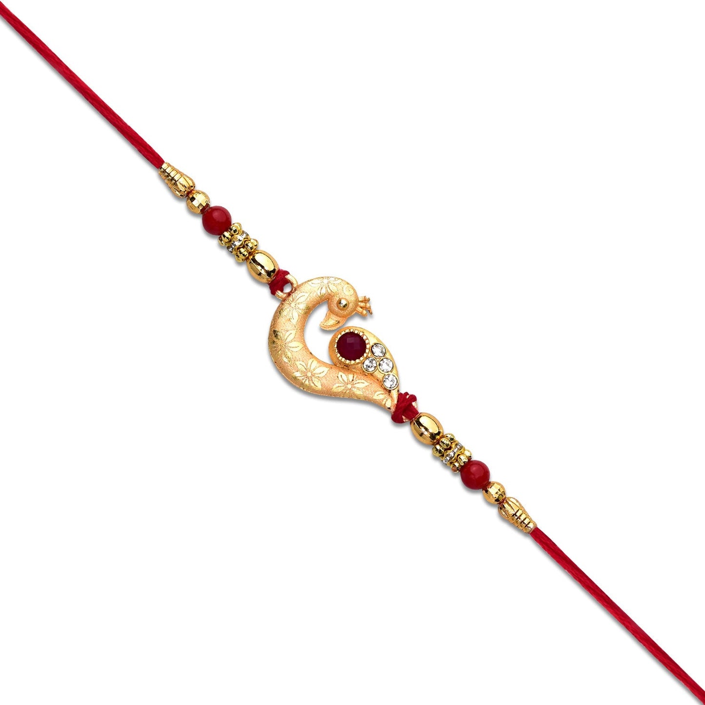 Golden Peacock Feather Rakhi with Red Thread and Kundan Detailing