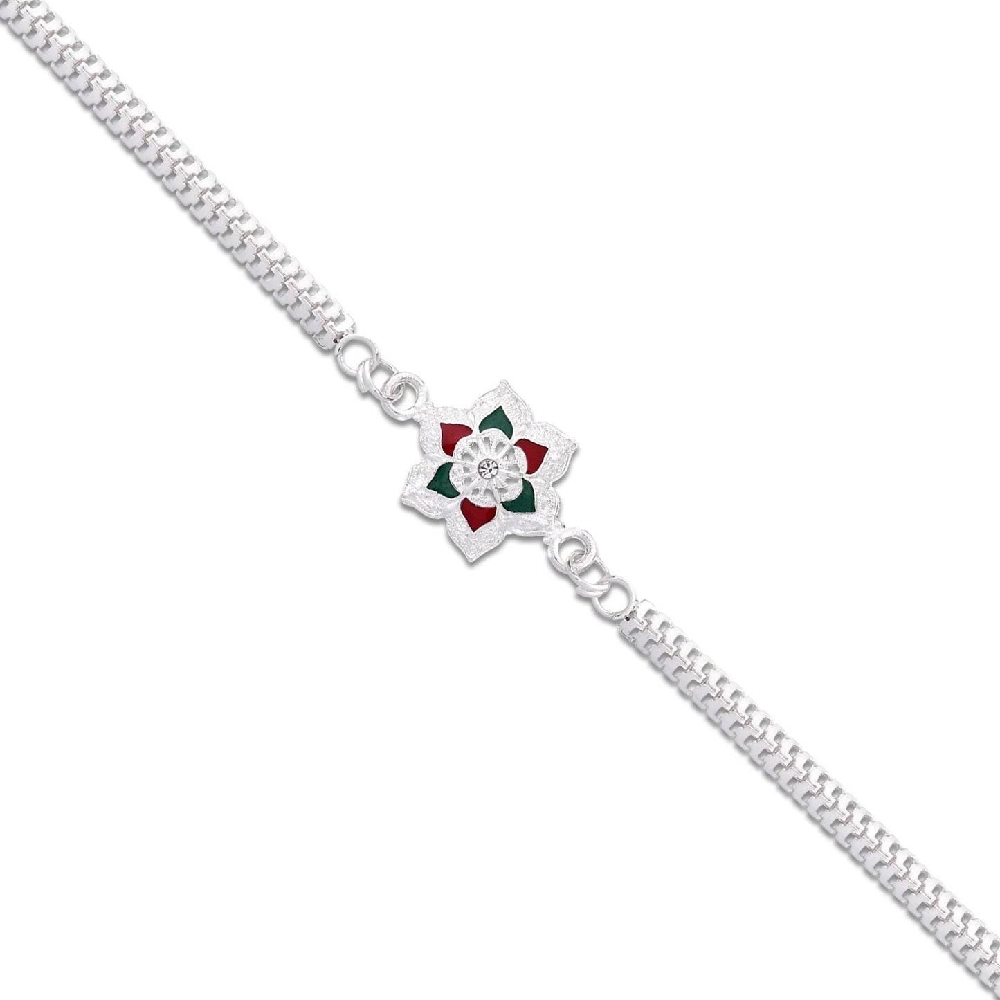Silver Lotus Rakhi with Red-Green Enamel & Chain Strap