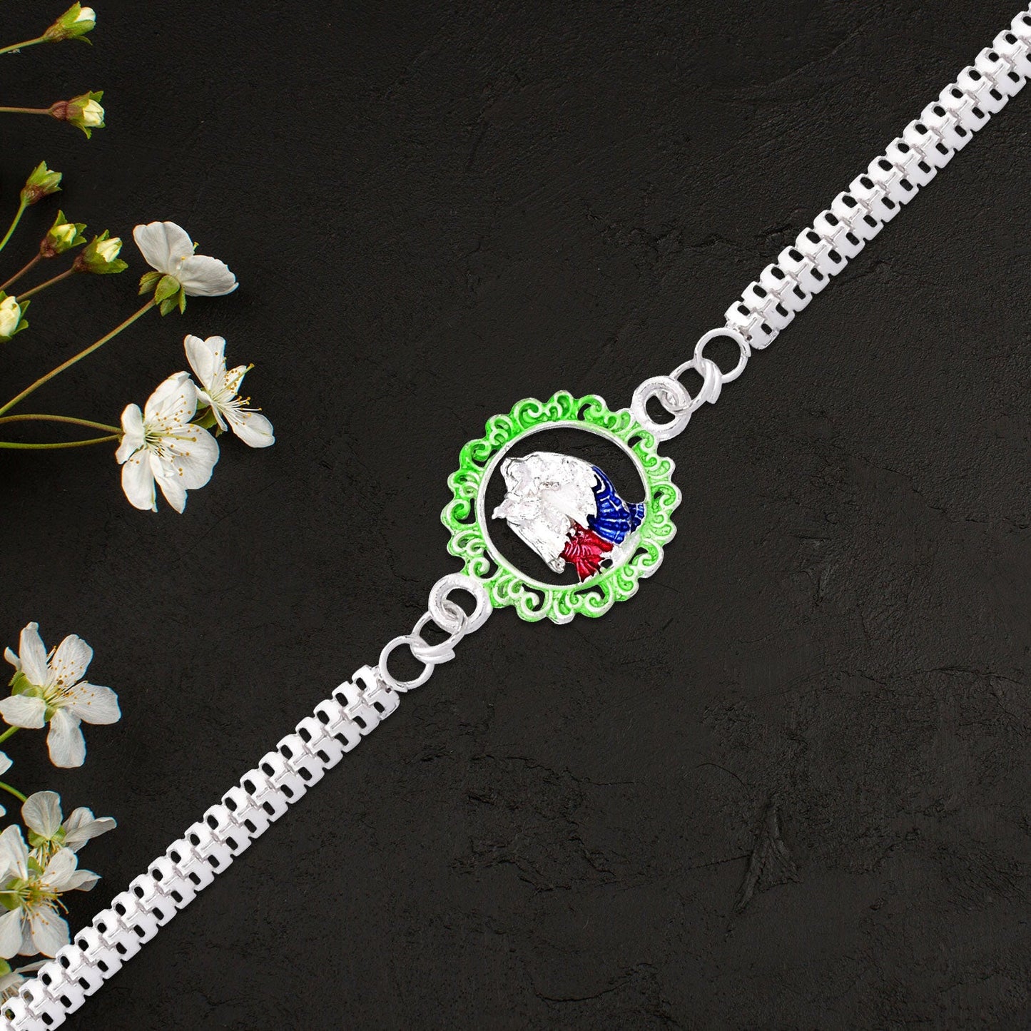 Spiritual Rakhi with Radha Krishna Design and Dual-Link Silver Chain