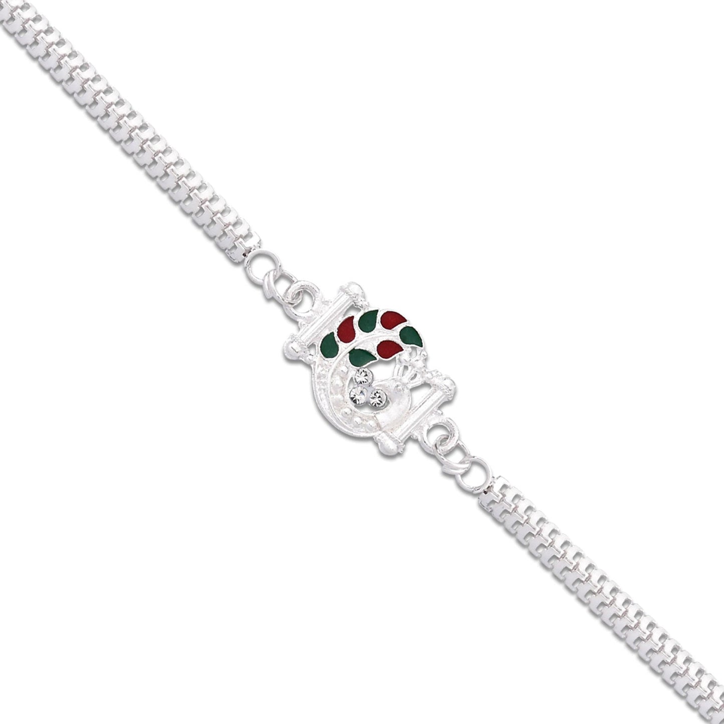 "Silver Finish Rakhi with Red-Green Enamel