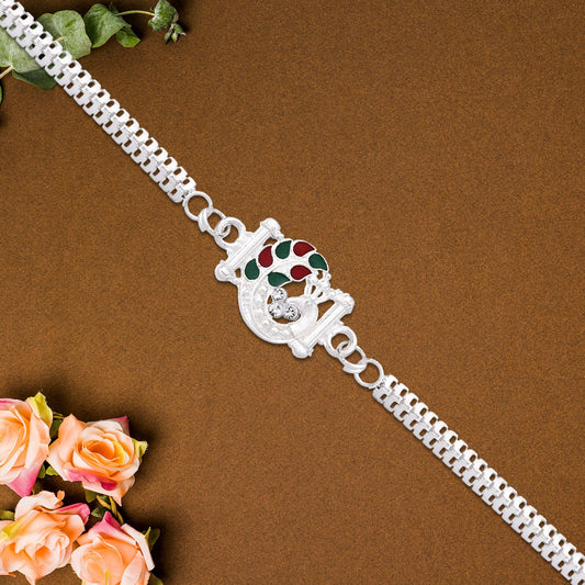 "Silver Finish Rakhi with Red-Green Enamel