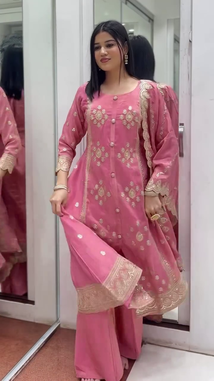 Women’s Elegant Pink Anarkali Kurta Set with Golden Embroidery, Matching Palazzo and Dupatta – Traditional Ethnic Festive and Party Wear