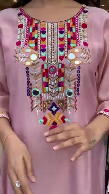 Women’s Light Pink Embroidered Kurta with Colorful Mirror Work Detailing – Stylish Straight Fit Ethnic Outfit with 3/4 Sleeves