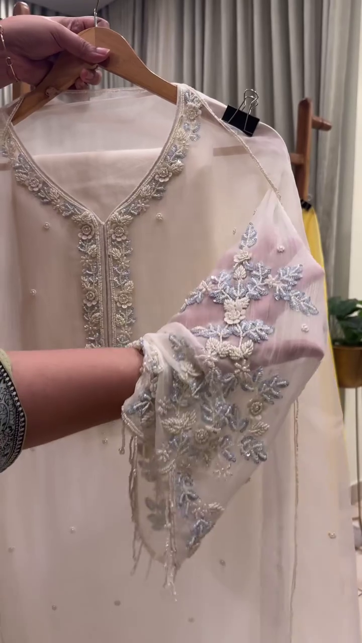 egant Embroidered Chiffon Kurta – Women’s Traditional Ethnic Wear · Soft Ivory/Cream with Delicate Threadwork & Bead Detailing