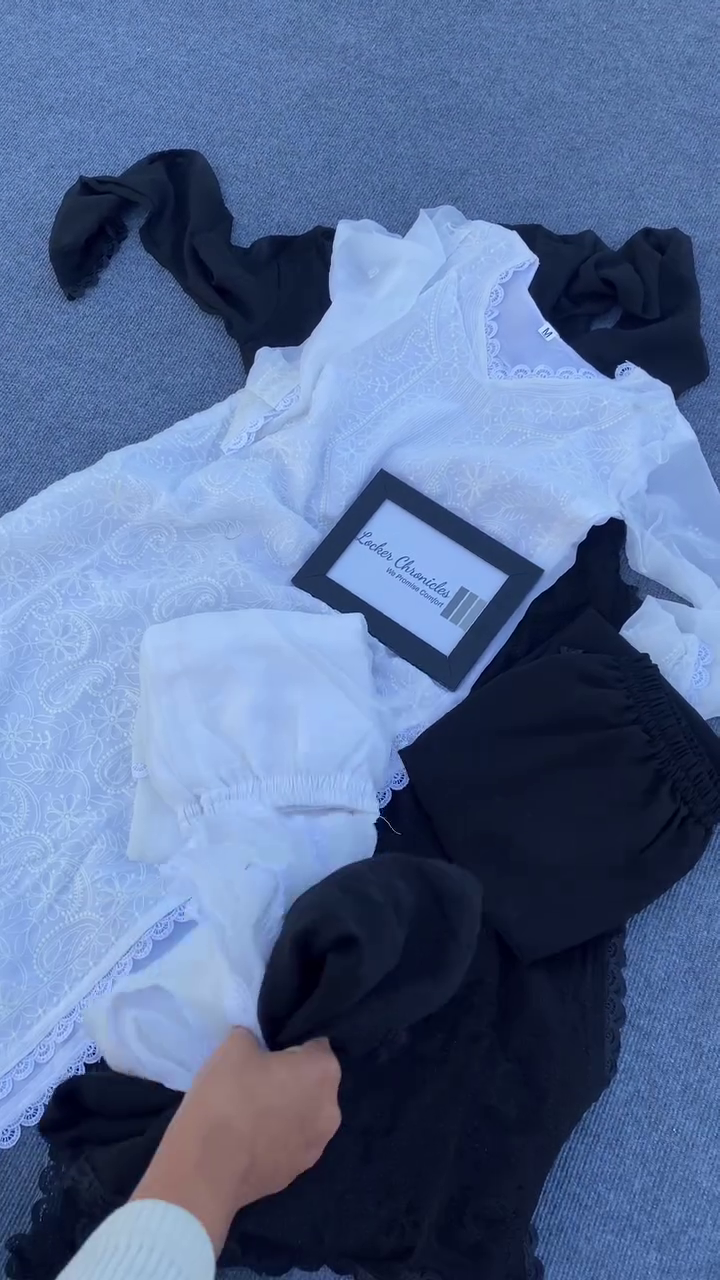 White Chikankari Embroidered Kurta Set with Black Dupatta – Women’s Traditional Ethnic Wear · Intricate Thread Embroidery on Soft Fabric