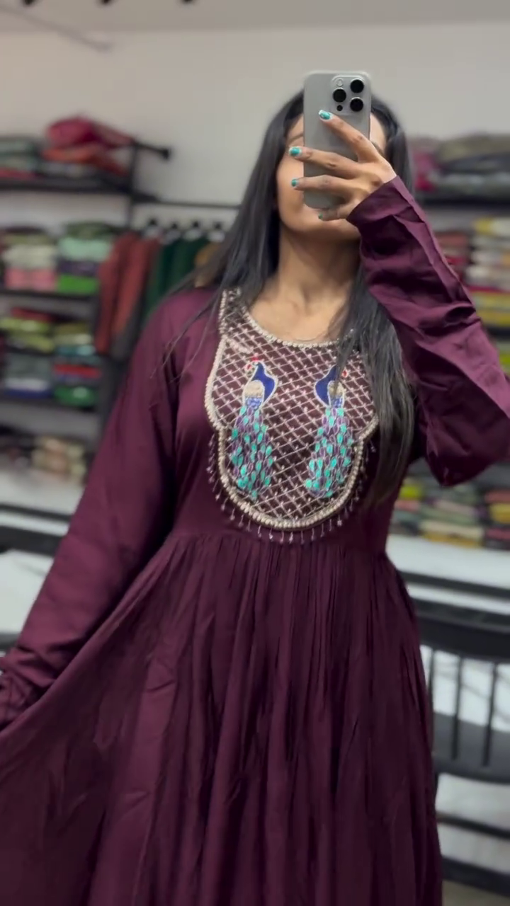 Elegant Maroon Dress with Intricate Peacock Embroidery, Perfect for Festive Occasions and Traditional Wear