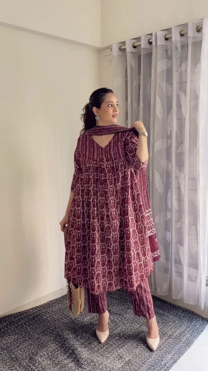 A beautiful blue ethnic outfit with traditional prints, featuring a kurta with a matching dupatta and comfortable pants, perfect for casual or semi-formal occasions.