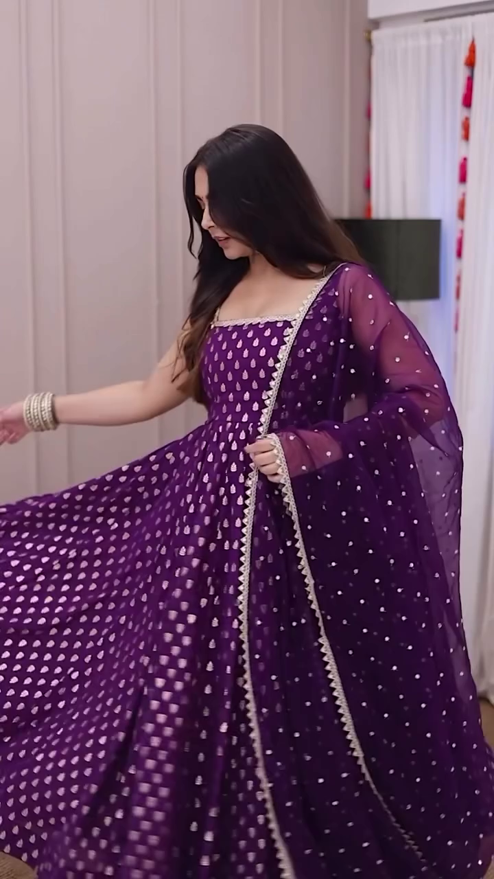 Purple Georgette Anarkali Suit with Golden Foil Print, Square Neckline, Flowy Flared Silhouette, and Sheer Dupatta Accented with Lace Border – Perfect Ethnic for Weddings and Special Occasions