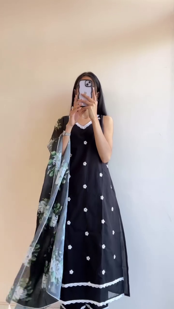 Elegant Cotton Suits in Black and Blue with Delicate White Embroidery and Lace Detailing, Perfect for Casual and Festive Occasions