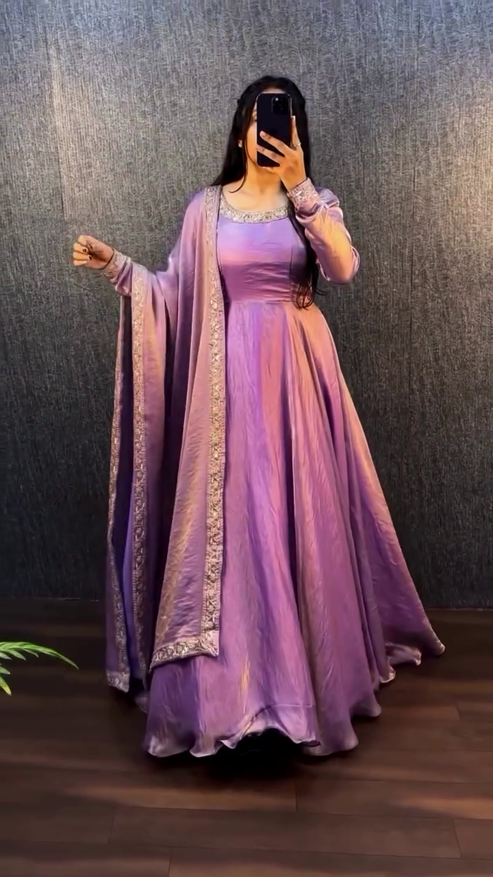 Elegant Maroon Satin Floor-Length A-line Dress with Intricate Embroidered Borders, Long Sleeves, and Traditional Ethnic Design