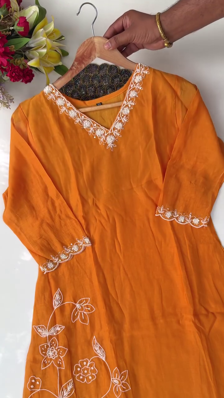 Orange Embroidered Kurta with Floral Detailing and Matching Dupatta – Elegant Outfit for Cultural and Festive Occasions