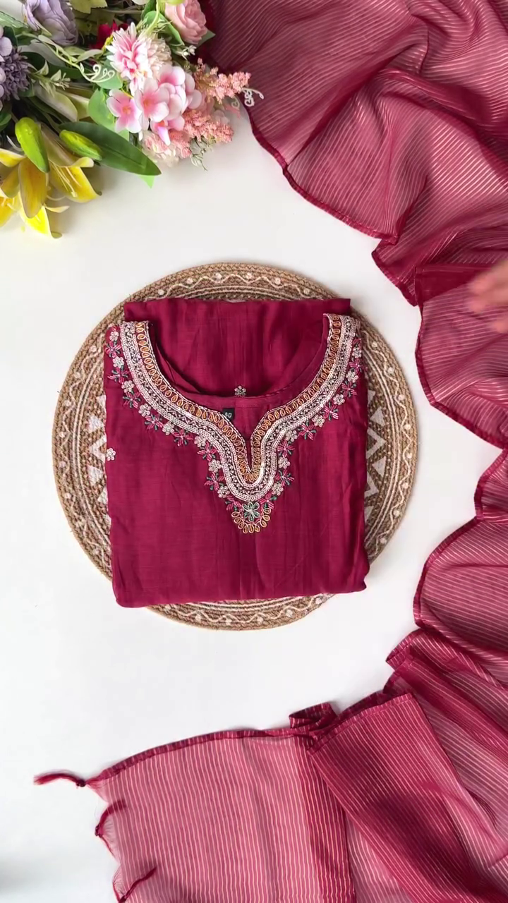 Rich Burgundy Embroidered Kurta with Intricate Floral Neck Design and Matching Striped Dupatta – Perfect for Traditional and Festive Celebrations