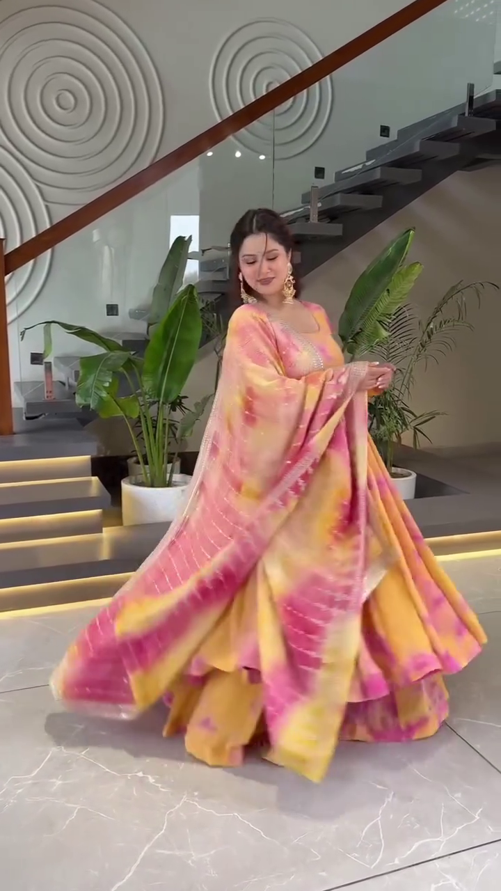 Beautiful Tie-Dye Anarkali Dress in Shades of Pink and Yellow, Featuring a Flowing Silken Dupatta, Perfect for Festivals, Weddings, or Special Celebrations