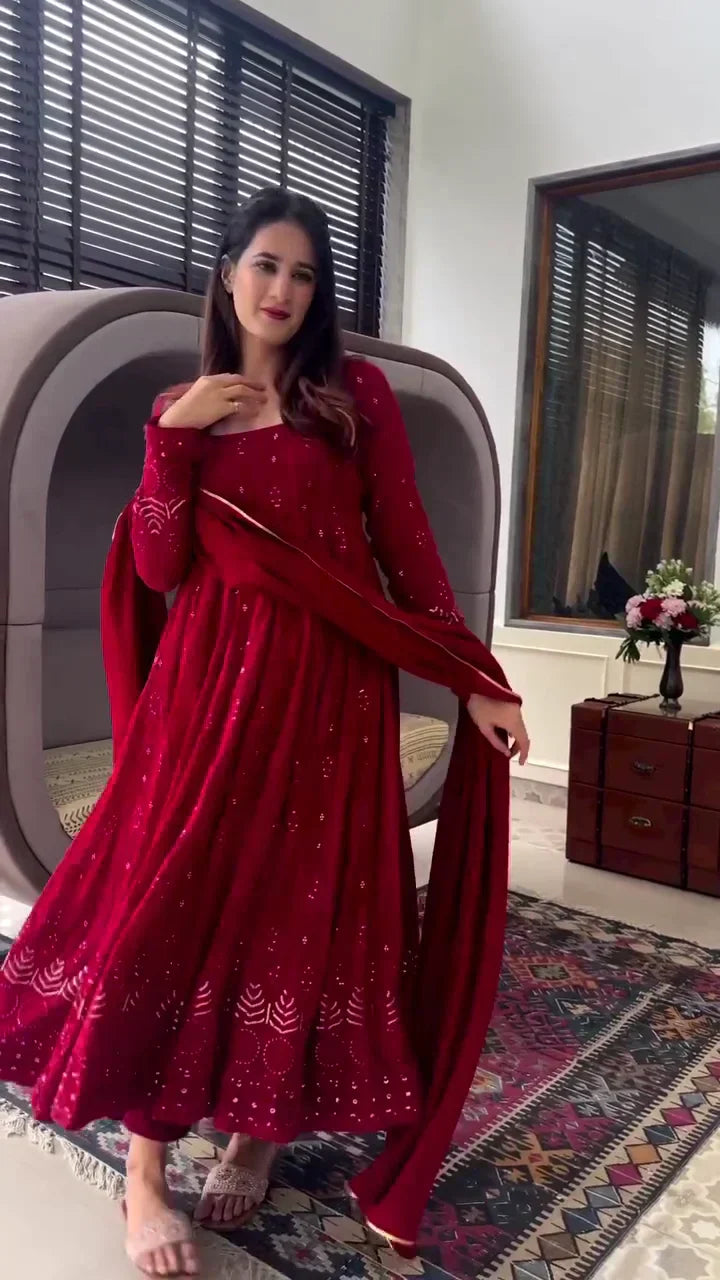 Red Anarkali Dress with Intricate Threadwork and Sequin Detailing – Featuring a Flowing Skirt, Long Sleeves