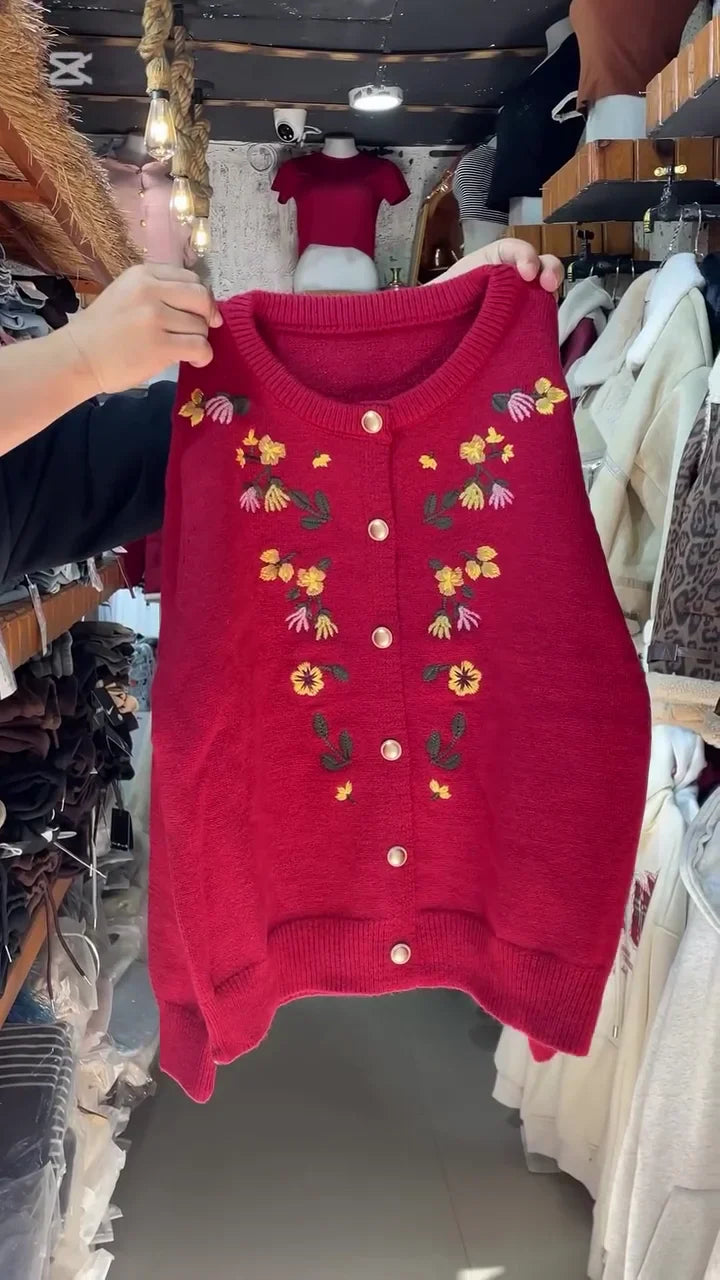 Women’s Floral Embroidered Knitted Cardigan – Cozy Button-Down Winter Sweater in White, Red, Black & Brown Colors