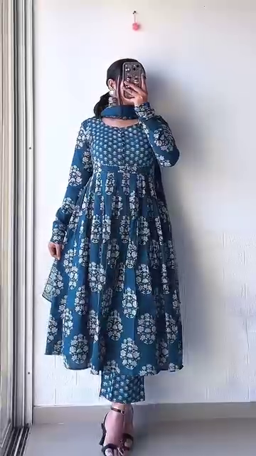 Printed Anarkali Kurta Set with Dupatta and Pants – Traditional Indian Ethnic Wear for Women · Available in Royal Blue Floral Block Print and Maroon Ethnic Motif Design